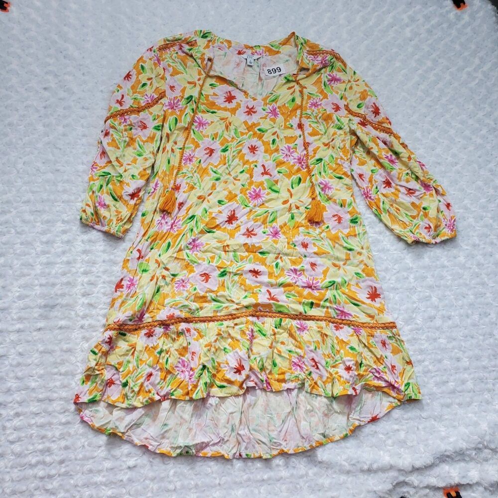 Crown & Ivy Boho Shift Tunic Dress Womens L Multicolor Floral V-Neck 3/4 Sleeve